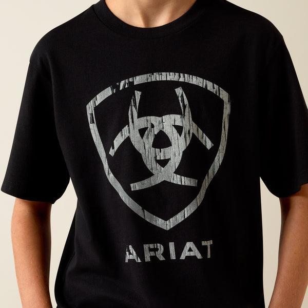 Black t-shirt with a graphic design and 'Ariat' branding on a neutral background