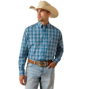 Man wearing a blue plaid shirt