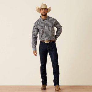 Grey striped long sleeve snap down western shirt