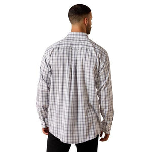 Plaid pattern shirt with black, white, and purple colors