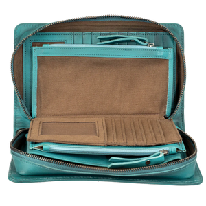 Teal leather travel bag with open compartments on a white background