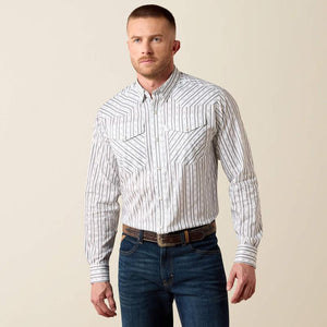 A man wearing a long-sleeve western-style button-down shirt with thin vertical blue and white stripes