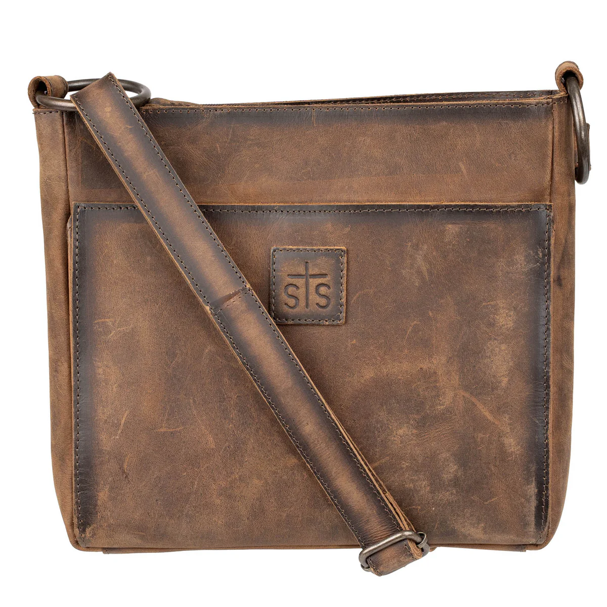 Brown leather crossbody bag with visible brand logo on a white background