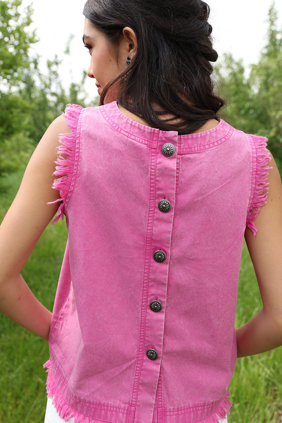 Mineral Wash Denim Concho Button Back Sleeveless Tank Top
