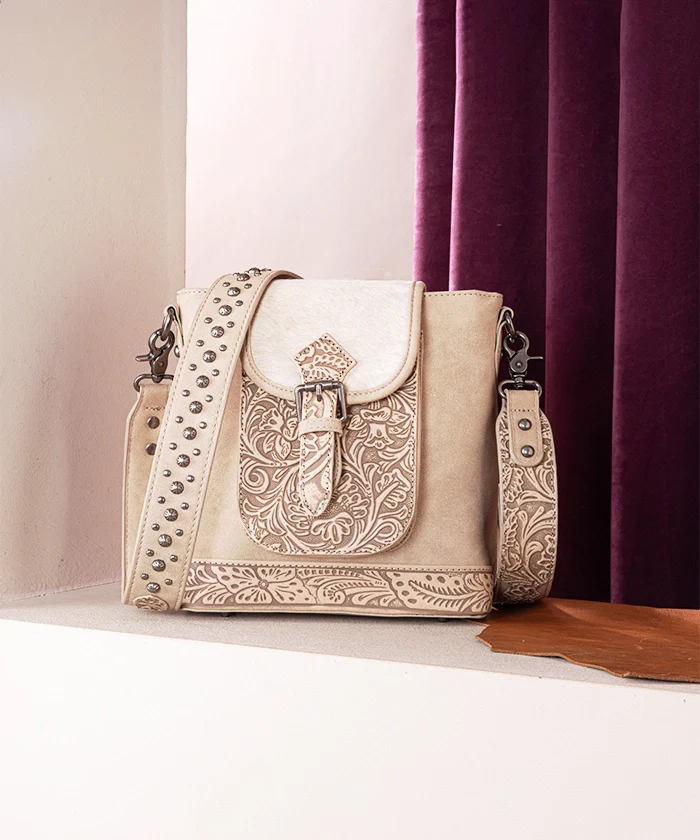 Trinity Ranch Genuine Hair-On Cowhide Tooled Concealed Carry Crossbody Bag