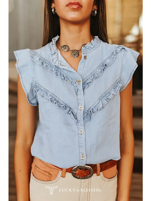 Light blue denim shirt with ruffled collar