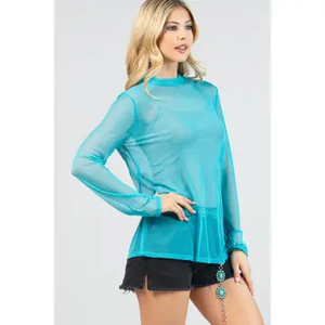 GEMMA Solid Semi Sheer Mock Neck Mesh Top