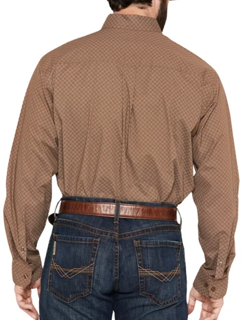Rear view of a man wearing a brown long-sleeve button-down shirt with a subtle geometric pattern, tucked into blue jeans with a brown leather belt.