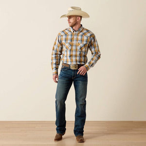 Golden brown ,blue and white plaid western snap shirt