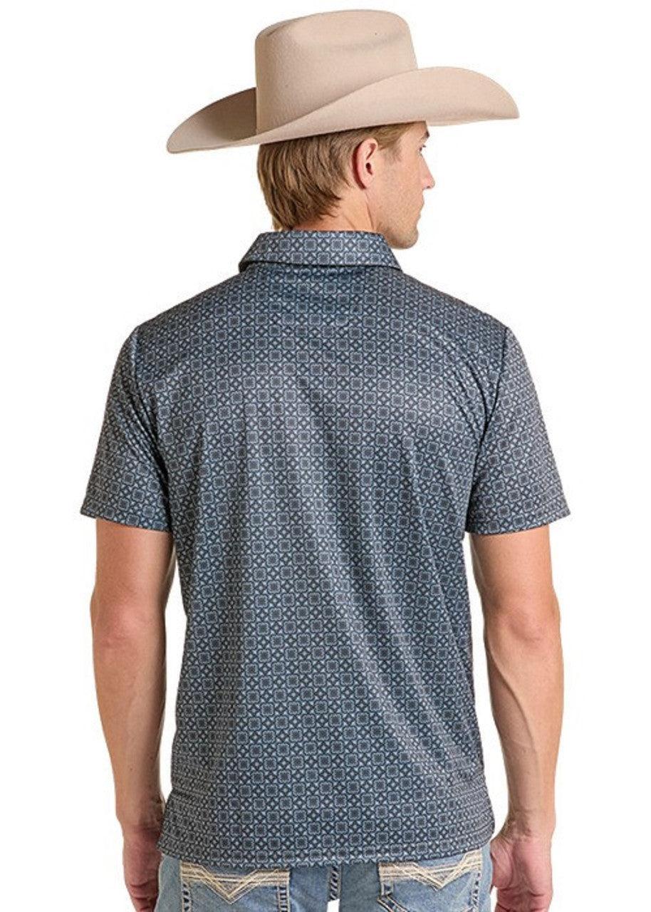 A man wearing a short-sleeve western shirt with A black and white micro-pattern, shown from the back.