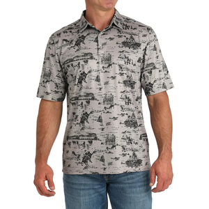CINCH MENS GREY WESTERN SCENE POLO