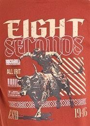 Red t-shirt with graphic design of two bulls and 'Eight Seconds' text on a red background
