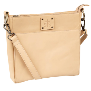 Beige handbag with a gold clasp on a white background