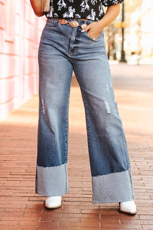 Mid Wash High Rise Trouser Jeans W Cuff