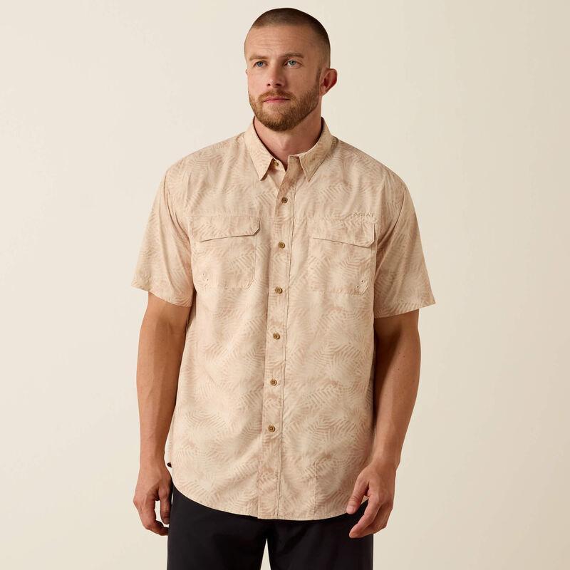 Short sleeve button down beige patterned shirt.