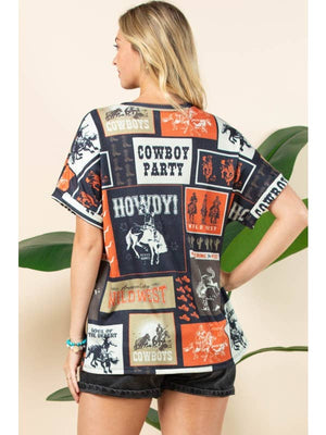 LUCY Western Rodeo Print Folded Sleeve Thermal Tunic