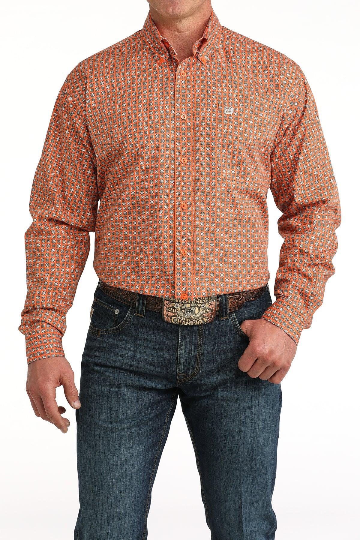 Cinch Men's Orange Geometric Print Button Down Shirt