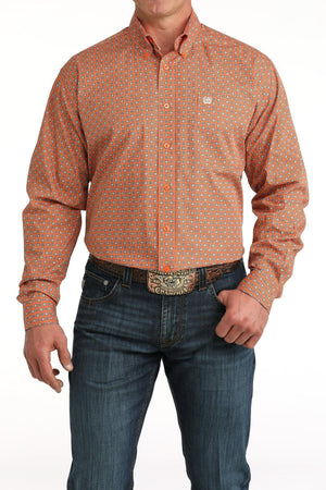 Cinch Men's Orange Geometric Print Button Down Shirt