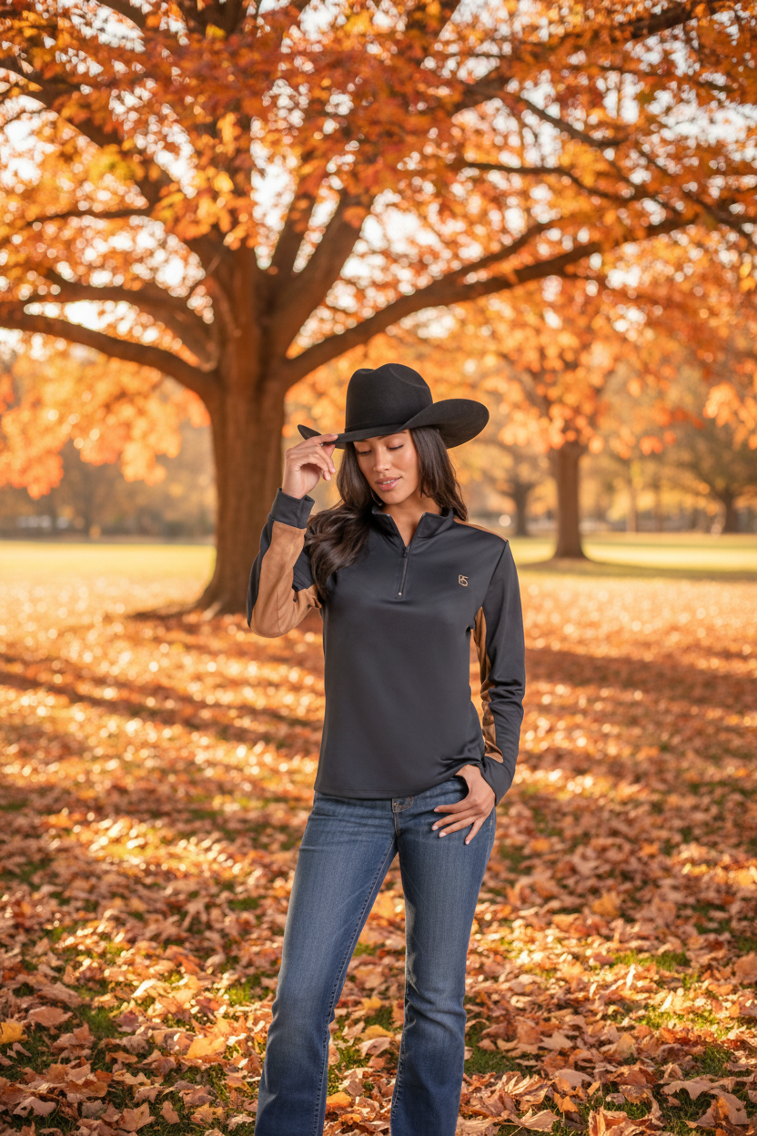 A woman wearing a black long-sleeve quarter-zip performance shirt with brown and black patterned sleeves.