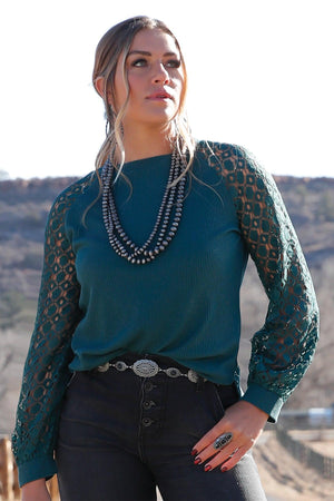 Cruel Girl Women's Knit Top with Crocheted Sleeves in Forest
