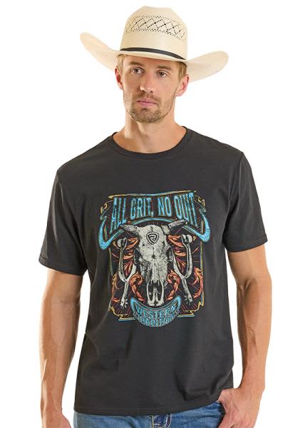 A man wearing a black graphic t-shirt with a western design and a beige cowboy hat, shown against a plain white background.