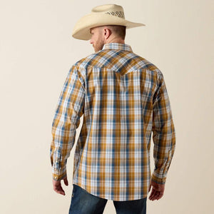 Golden brown ,blue and white plaid western snap shirt