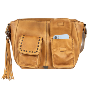 Brown leather bag with pockets and tassel on a white background