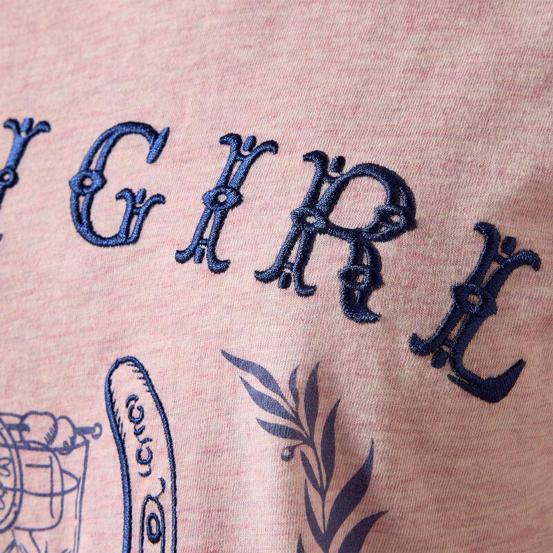 Embroidered text on a garment with a tattoo-like design.