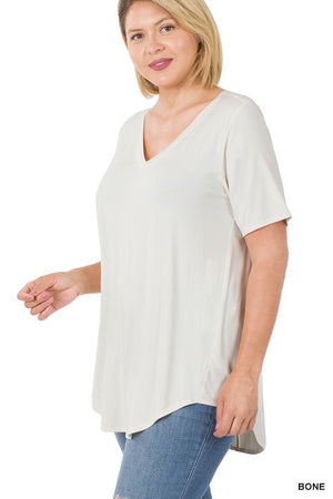 PLUS LUXE RAYON SHORT SLEEVE V-NECK HI-LOW HEM TOP
