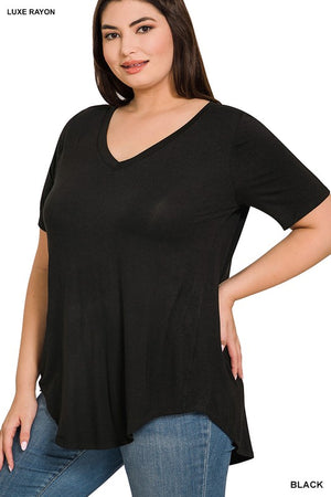 PLUS LUXE RAYON SHORT SLEEVE V-NECK HI-LOW HEM TOP