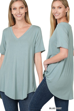 ZENA LUXE RAYON SHORT SLEEVE V-NECK HI-LOW HEM TOP