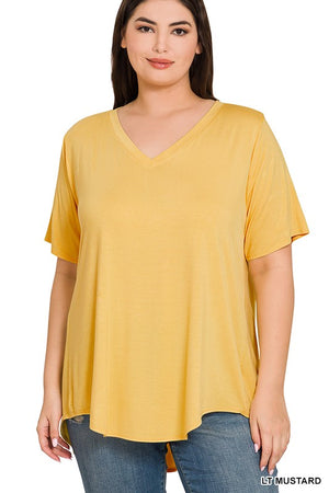 PLUS LUXE RAYON SHORT SLEEVE V-NECK HI-LOW HEM TOP