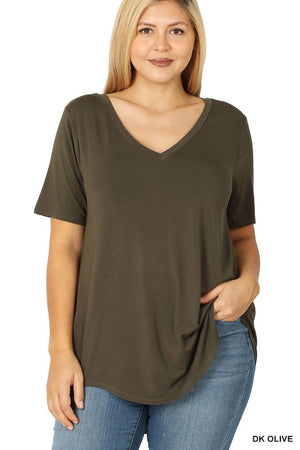 PLUS LUXE RAYON SHORT SLEEVE V-NECK HI-LOW HEM TOP