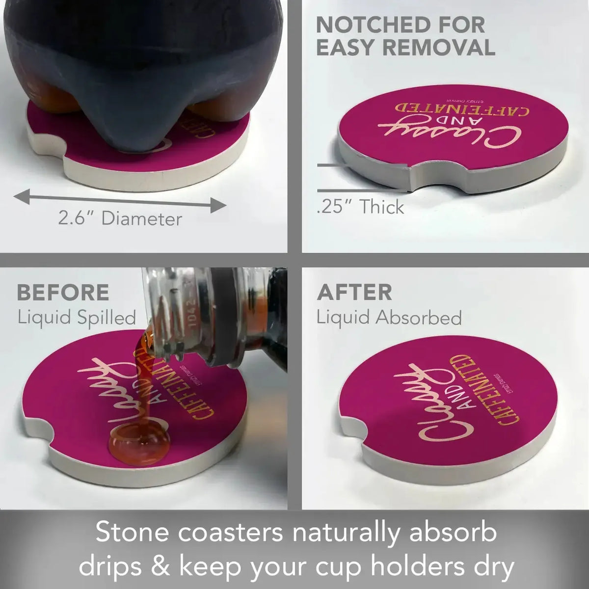 Stone coasters with text, showing before and after spills, and product details.