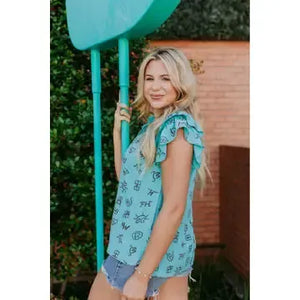 Branded Ruffled Sleeve Blouse