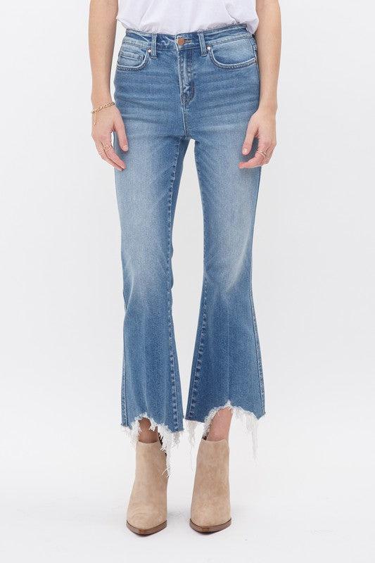 HIGH RISE CROP FLARE W/ UNEVEN HEM