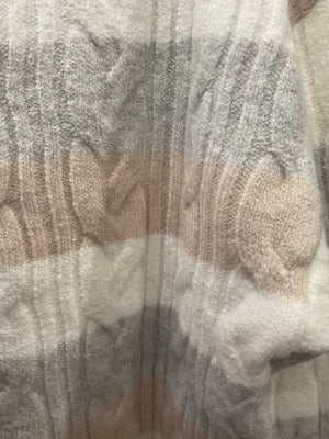 Cream, grey and beige horizontally striped knit sweater