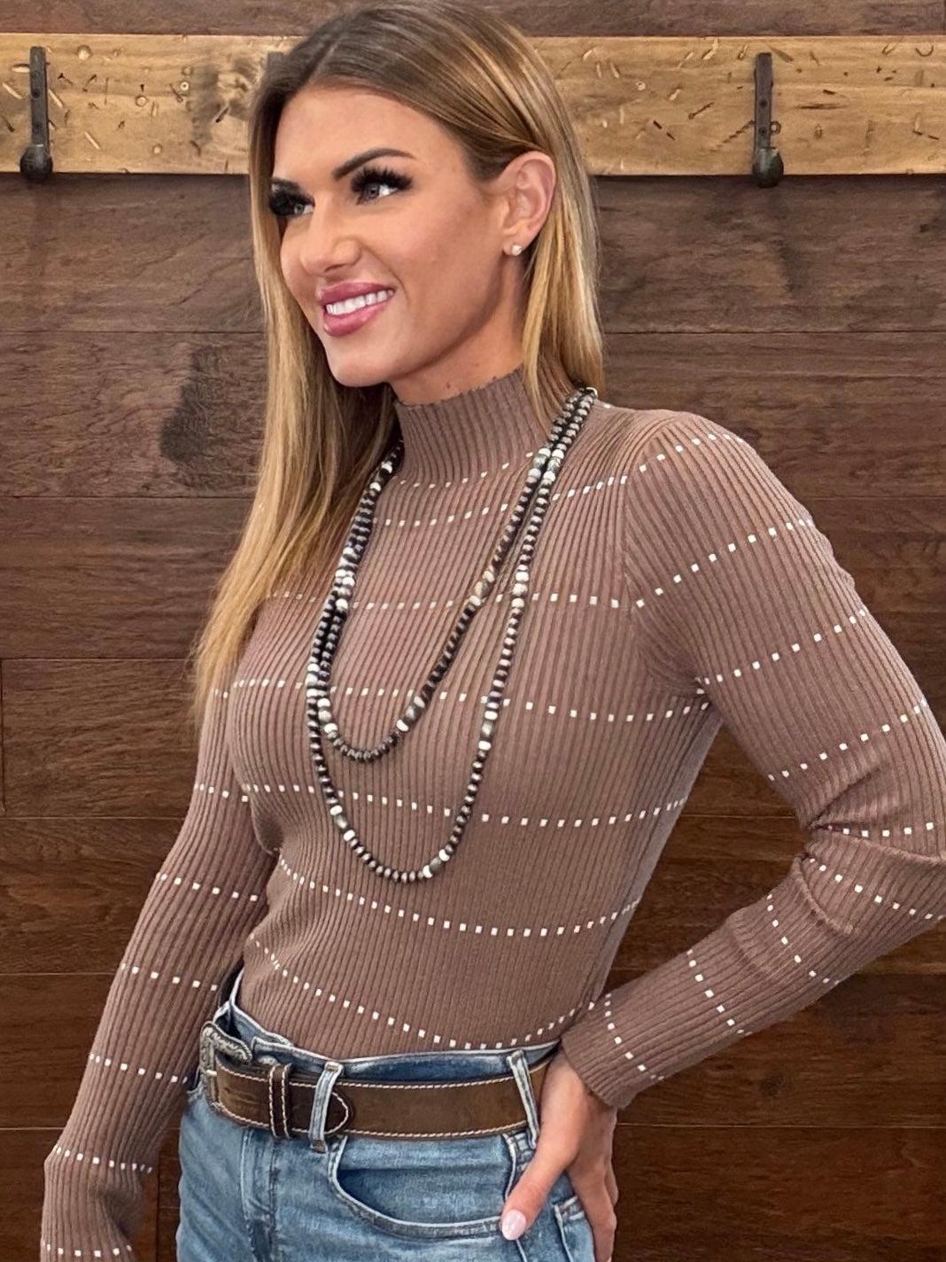 Mocha ribbed mock-neck long-sleeve top with thin white horizontal stripes