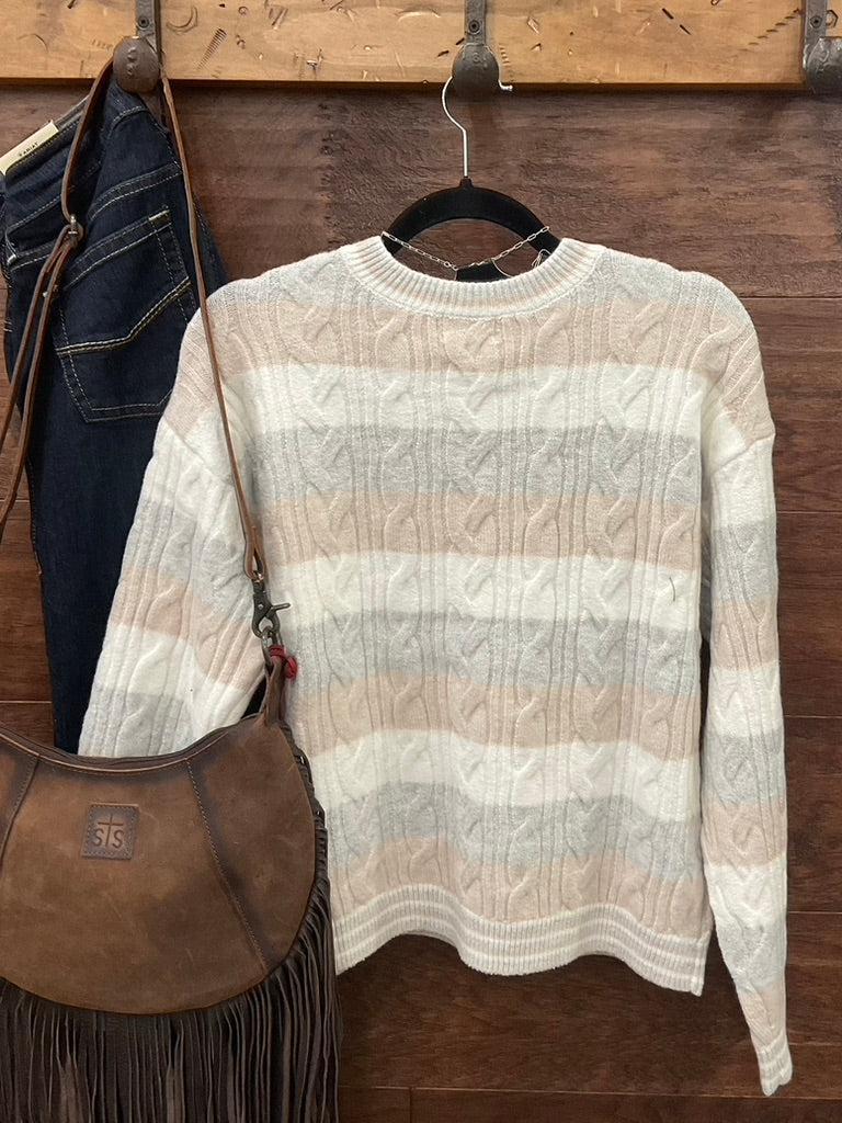 Cream, grey and beige horizontally striped knit sweater