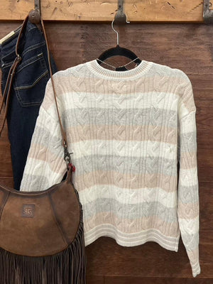 Cream, grey and beige horizontally striped knit sweater