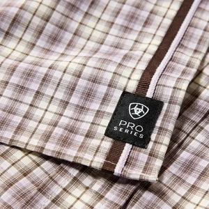 Close-up of a plaid shirt with a 'Pro Series' label.