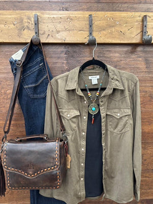 An olive green western-style button-up shirt 