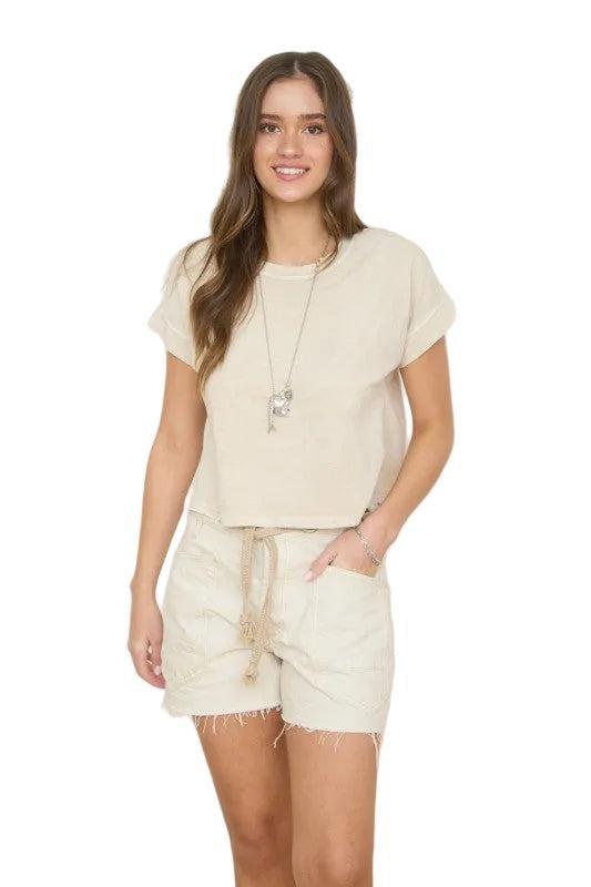 Woman wearing a khaki top