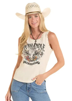 T-shirt with a bull graphic and 'Panhandle Slim' text on a beige background