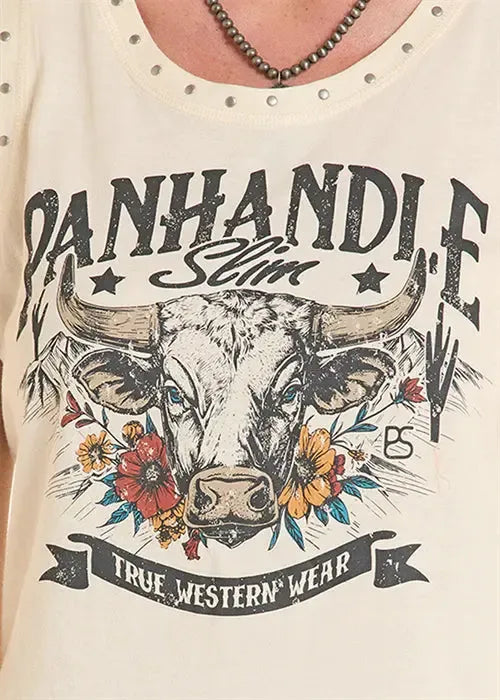 T-shirt with a bull graphic and 'Panhandle Slim' text on a beige background