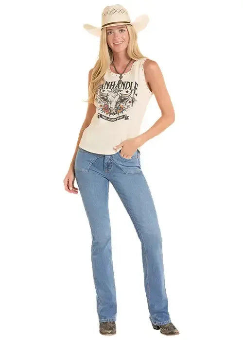 Woman wearing a white tank top with graphic design and blue jeans on a white background