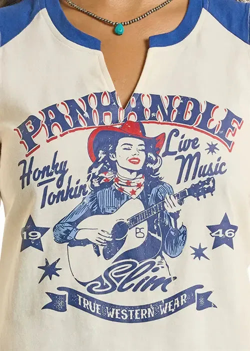 T-shirt with a graphic design of a woman playing guitar, text 'Panhandle Honky Tonkin' Live Music Slim True Western Wear', and blue accents.