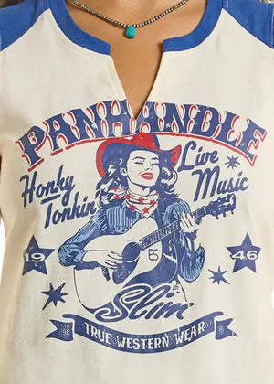 T-shirt with a graphic design of a woman playing guitar, text 'Panhandle Honky Tonkin' Live Music Slim True Western Wear', and blue accents.
