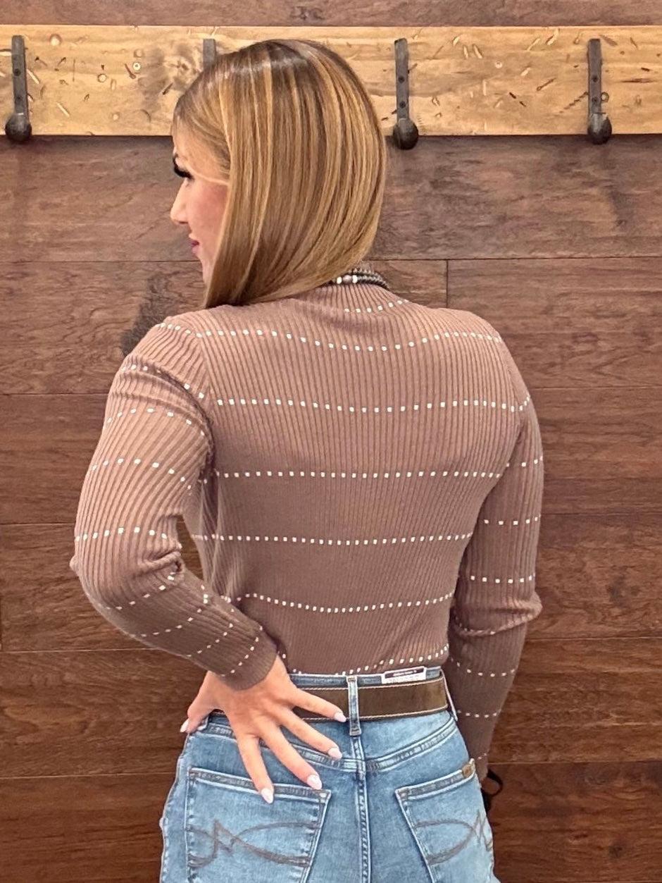 Mocha ribbed mock-neck long-sleeve top with thin white horizontal stripes