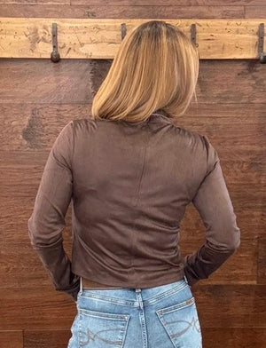  Brown long-sleeve mock neck top, blue jeans